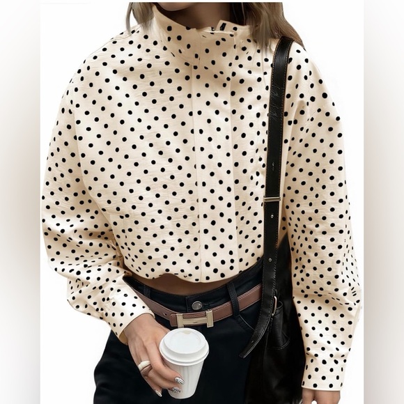 Jackets & Blazers - Polka Dot Funnel Neck Bomber Jacket - Cream/Black